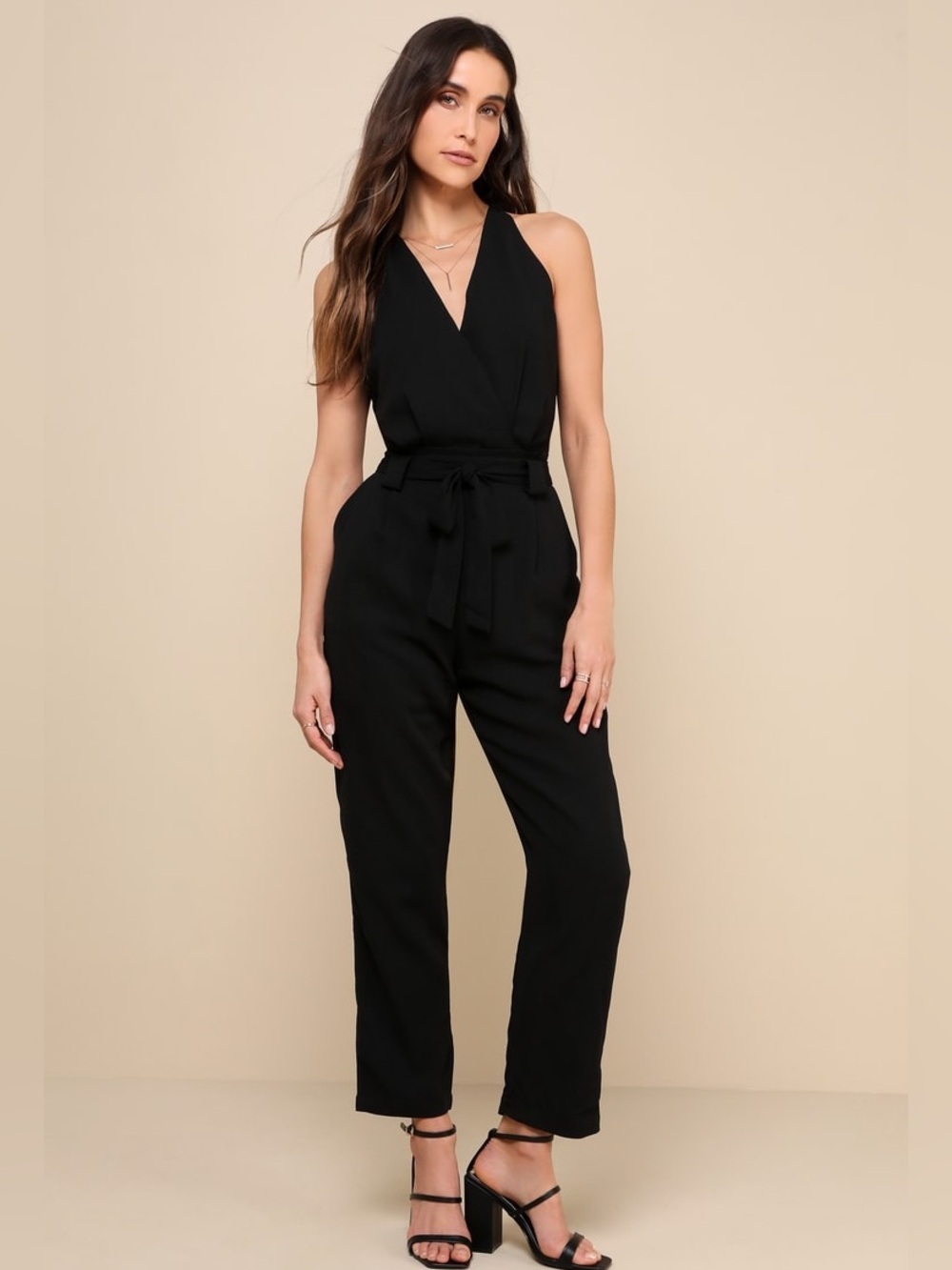 Lulus In The City Black Surplice Sleeveless Jumpsuit XS NWT